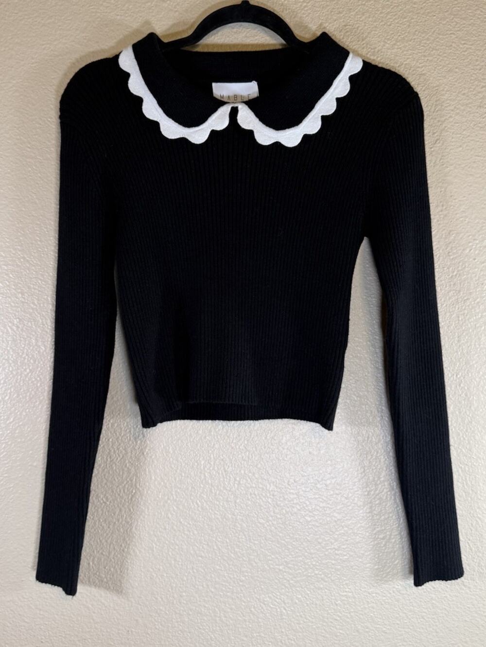 NWT MABLE Anthropologie Size Small Black Scalloped Collar Cropped Sweater